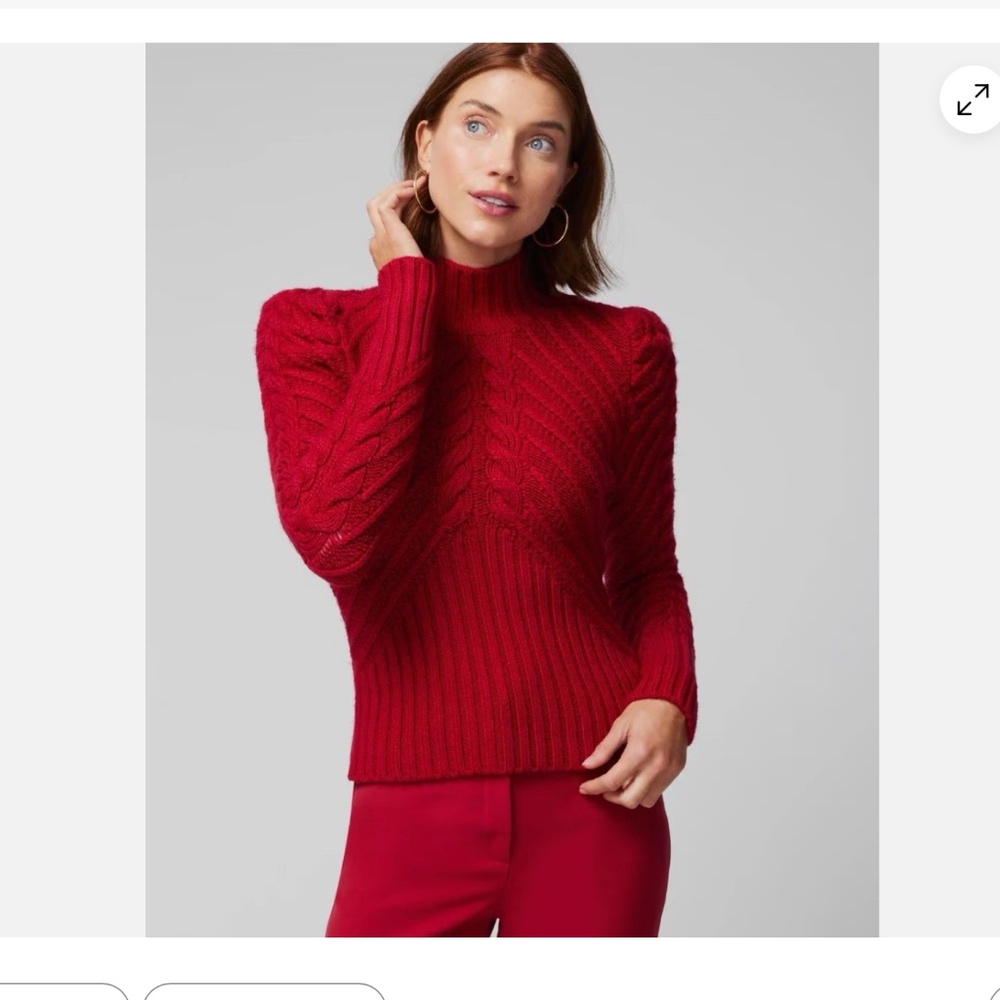 WHITE HOUSE BLACK MARKET Red Puff Sleeve Cable Mockneck Sweater SIZE M